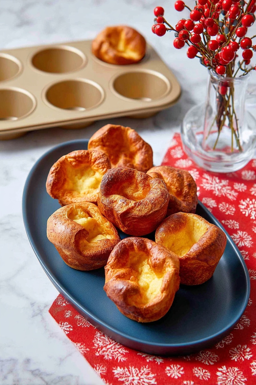 A white muffin tray holds six golden brown puffed pastries with crispy and slightly wrinkled tops, some browned more than others. In front, a white oval plate sits on a white marbled surface, carrying seven similar pastries clustered together, all showing a rough, airy texture with hollow centers and darker toasted edges. To the right of the plate, a clear glass vase filled with water contains a branch of bright red berries with small round shapes, adding a pop of color. A red and white patterned cloth is partially visible under the plate on the left side. Photo taken with an iphone --ar 2:3 --v 7