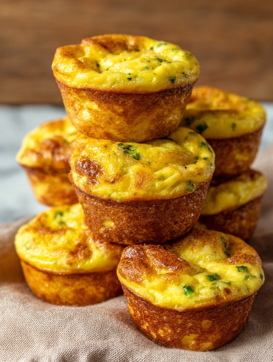 The image shows six small egg muffins stacked on a light brown cloth with a wooden background. Each muffin has a crispy golden-brown exterior with a slightly puffed top. The top layer of the muffins is bright yellow with bits of green, likely vegetables, and small pieces of pink, probably ham. The muffins have a textured, slightly browned bottom and sides, showing a firm crust. The light brown cloth and wooden background add warmth to the scene, with the focus close-up on the muffins, highlighting their soft yet firm texture. Photo taken with an iphone --ar 2:3 --v 7
