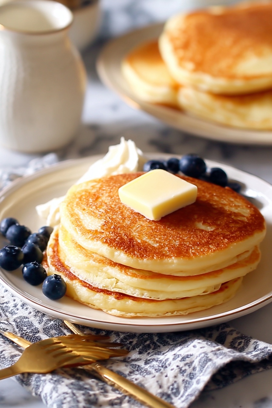 Two thick, golden brown pancakes are stacked on a white plate, with a square piece of butter melting on the top pancake. Around the pancakes are several fresh blueberries and a dollop of white cream on one side. In the background, there is a blurred view of more pancakes on a white plate and a white jar. The scene sits on a white marbled surface with a folded cloth napkin under the plate and a gold fork in front. photo taken with an iphone --ar 2:3 --v 7