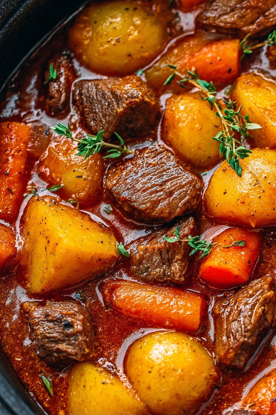A close-up view of a stew filled with large pieces of brown meat, bright orange carrot chunks, golden yellow potato pieces, and soft-looking light brown onions, all mixed in a thick, glossy reddish-brown sauce. Small green herb leaves sprinkle the top, adding a touch of fresh color. The stew sits inside a white bowl, and the background is a white marbled texture. photo taken with an iphone --ar 2:3 --v 7