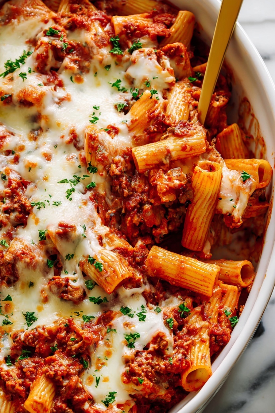 This dish shows a white bowl filled with baked pasta in layers. The bottom layer is rigatoni pasta covered in thick, chunky red tomato sauce with pieces of ground meat mixed in. Above this, there are patches of melted white cheese that are slightly browned and stretchy, blending into the sauce. The top layer has small sprinkles of chopped green herbs scattered evenly, adding fresh color contrast. A golden spoon is scooping some pasta from the bowl. The whole scene is set on a white marbled surface. photo taken with an iphone --ar 2:3 --v 7