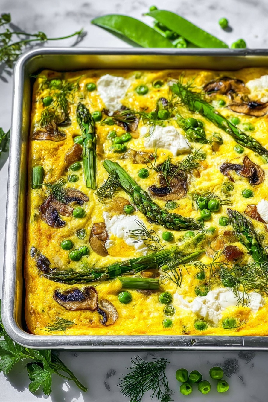 The image shows a rectangular metal baking pan filled with a bright yellow frittata. The top layer is speckled with green asparagus tips, green peas, small white cheese dollops, browned mushroom slices, and fresh green herbs like dill and parsley scattered evenly. The frittata has a slightly browned texture on the edges and some baked areas with a golden crust. Around the pan, fresh herbs and a few peas are placed on a white marbled surface. The scene is brightly lit with natural light, creating soft shadows. Photo taken with an iphone --ar 2:3 --v 7