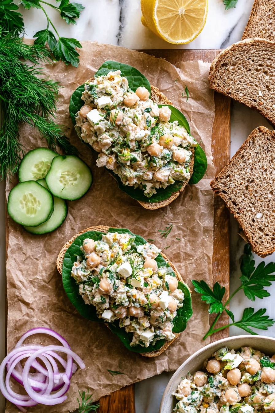 A tall sandwich with two thick slices of golden brown toasted whole grain bread holds two layers of filling. The bottom layer has a mix of chickpeas, green herbs, and white creamy cheese on a bed of green leafy lettuce. On top of that sit slices of bright green cucumber and thin rings of purple onion. The middle is another slice of toasted whole grain bread. The second layer repeats the same filling with the creamy chickpea mix, green lettuce, cucumber slices, and purple onion rings. Small sprigs of green dill peek out from between the layers. The sandwich stands on a light wooden surface with a soft white marbled background, photo taken with an iphone --ar 2:3 --v 7