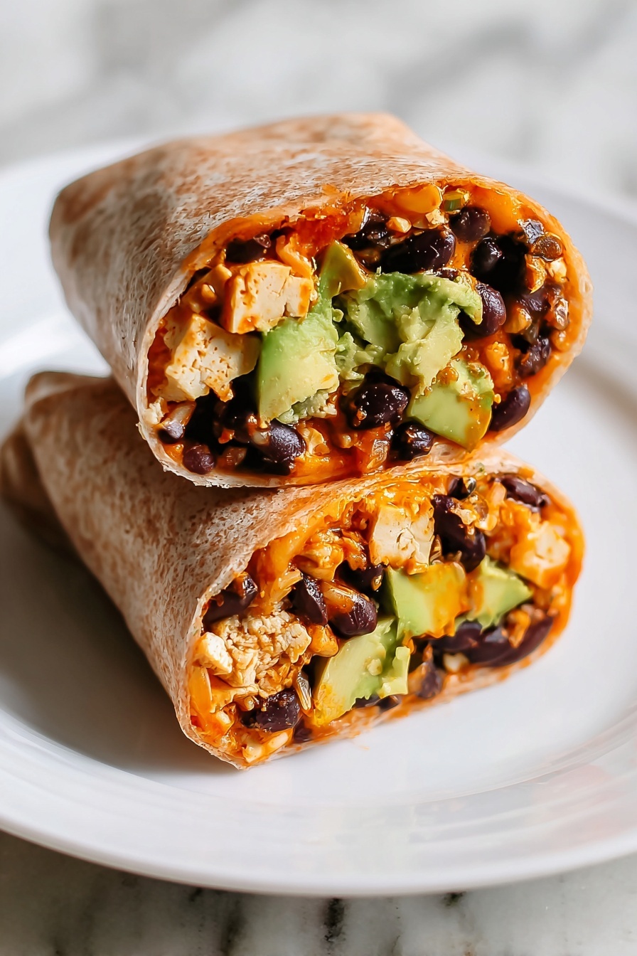 Two wrap halves are placed on a white plate with a raised floral pattern around the edge. The wraps have a beige, textured outer layer and are filled with layers that include chunks of green avocado, black beans, orange sauce, and small pieces of light brown tofu or textured protein. The wraps are positioned with one leaning on the other, showing the colorful filling inside. The plate is set on a white marbled surface with a black and white patterned cloth partially visible under it. Photo taken with an iphone --ar 2:3 --v 7