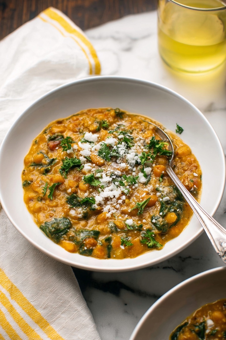 A white bowl contains a thick, creamy stew with a yellowish-orange base, dotted with chunks of vegetables and specks of green leafy spinach throughout. The stew is sprinkled with a layer of finely grated white cheese on top, and small leaves of fresh green parsley are scattered as garnish. A silver spoon is partially submerged on the right side of the bowl. The bowl sits on a white marbled surface with a soft beige and yellow striped cloth nearby. In the background, there is a clear glass of light yellow liquid with a lemon slice inside. Photo taken with an iphone --ar 2:3 --v 7