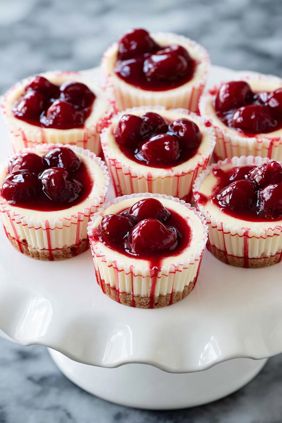 There are seven small cupcakes on a white stand with a wavy edge. Each cupcake has one layer of light creamy cake in red and white striped paper cups. On top of each cake layer is a shiny, deep red cherry topping with whole cherries visible, giving a glossy texture and rich color contrast. The background is a white marbled surface. photo taken with an iphone --ar 2:3 --v 7