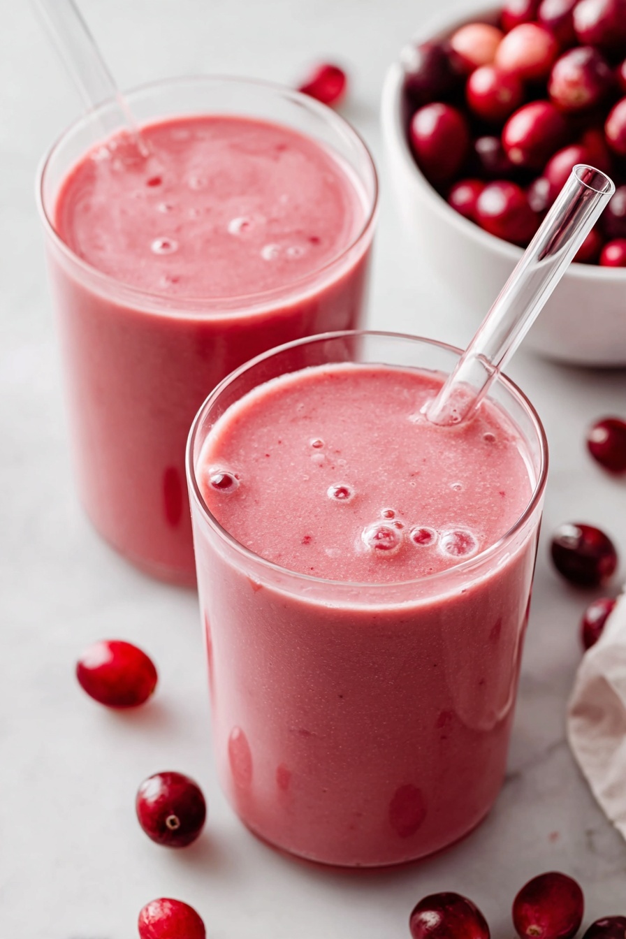 A close-up of two clear glasses filled with a thick, bubble-covered pink smoothie. One glass is in the front and has a clear glass straw inside it. Around the glasses are whole and sliced cranberries in shades of deep red and bright red, all placed on a white marbled surface. In the background, there is a white bowl filled with whole cranberries, slightly out of focus. Photo taken with an iphone --ar 2:3 --v 7