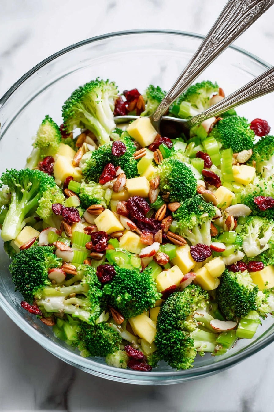A clear glass bowl filled with a colorful broccoli salad sits on a white marbled surface. The salad has three main layers: bright green broccoli florets that look fresh and chunky, small pale yellow cheese cubes scattered throughout, and a mix of red dried cranberries and brown almonds adding texture and color on top. There are also light brown sunflower seeds sprinkled over the salad. In the background, a white small dish holds some grains or salt and pepper. A silver fork is partially inside the bowl, ready to serve the salad. photo taken with an iphone --ar 2:3 --v 7
