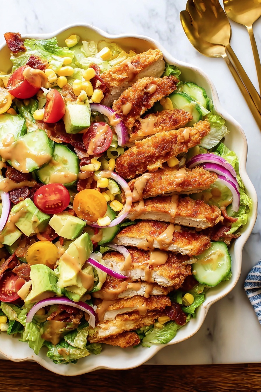 A large white plate holds a colorful salad layered with fresh green lettuce as the base, topped with sliced breaded chicken pieces arranged in the center. Bright red cherry tomato halves, thin purple onion rings, pale green cucumber slices, small yellow corn kernels, and green avocado chunks are scattered evenly around the chicken. A drizzle of thick, golden dressing covers the chicken and some salad parts. Two brass-colored salad spoons rest on the sides of the plate. Around the plate, small white ceramic bowls hold honey, mustard, and extra corn, all placed on a white marbled surface. Photo taken with an iphone --ar 2:3 --v 7