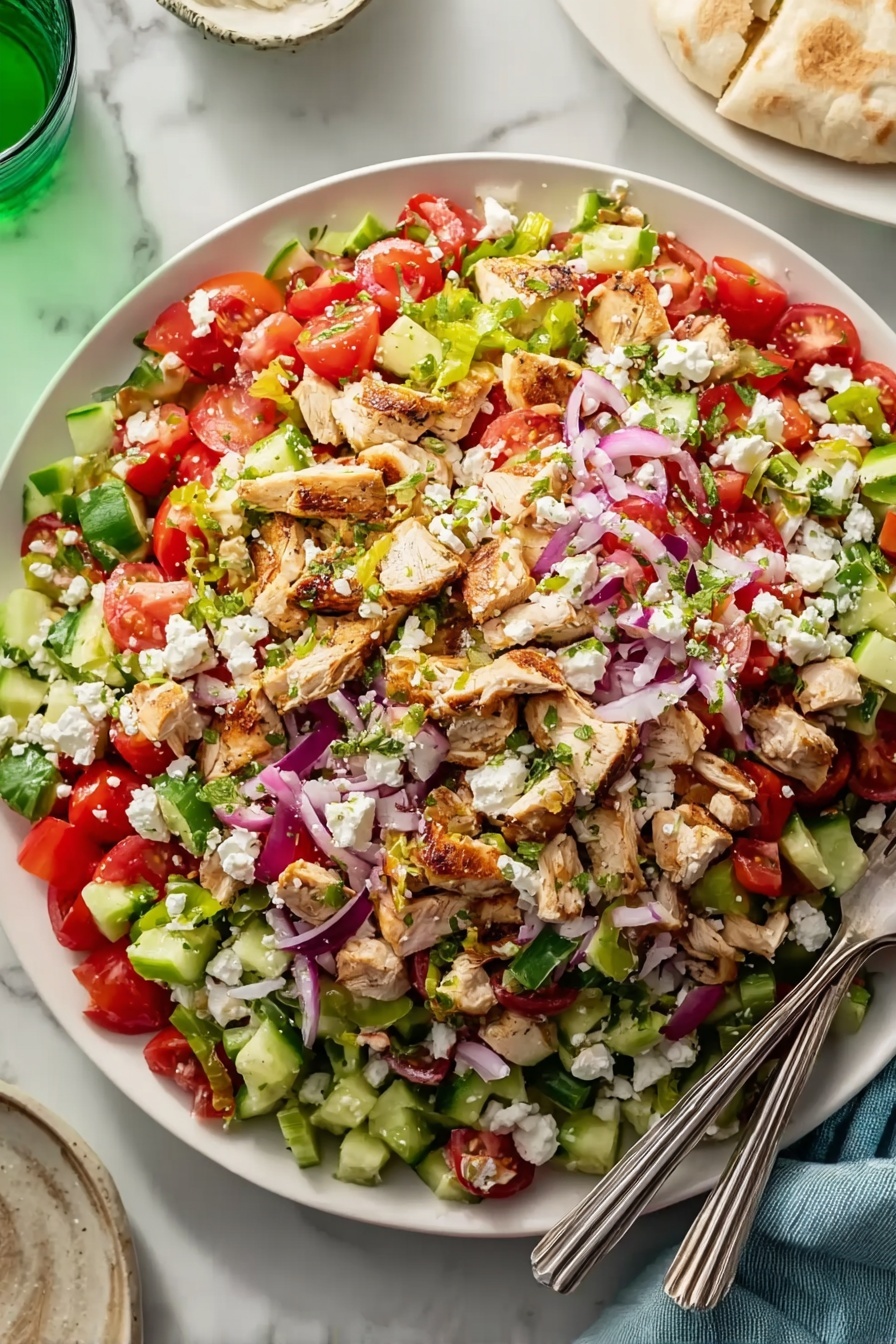 A large round white plate holds a colorful salad with three main layers. The bottom layer is made of small, chopped green cucumbers and red tomatoes mixed with thin slices of red onion, scattered evenly across the plate. The middle layer features chunks of light brown cooked chicken that sit on top of the vegetables. The top layer is sprinkled with white crumbled cheese and small bits of green herbs, adding texture and color contrast. Two silver forks rest on the right side of the plate, and the setup is on a white marbled surface. photo taken with an iphone --ar 2:3 --v 7