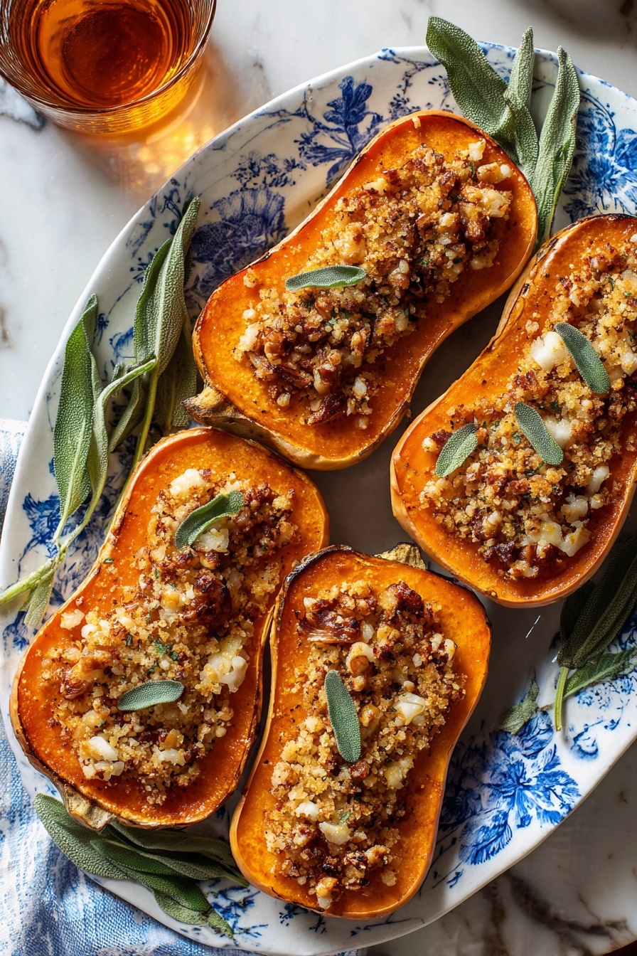 Five halves of roasted orange butternut squash are placed on a white plate with blue flower patterns, each topped with a crumbly, light brown nut and breadcrumb mixture with some darker brown toasted bits and garnished with green sage leaves. The squash has a soft and slightly shiny texture with a few caramelized edges. The plate rests on a white marbled surface, with a few fresh sage leaves beside the squash and a glass of amber-colored liquid nearby. Photo taken with an iphone --ar 2:3 --v 7