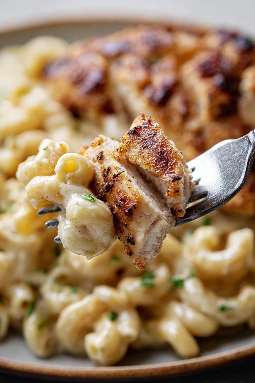 A black cast iron pan holds a dish with one layer of creamy, curly macaroni pasta in a light yellow cheese sauce. On top, there is one layer of sliced, cooked chicken with a golden-brown crust showing grill marks and specks of black pepper, garnished with small bits of green herbs. The pasta fills the pan's base, while the chicken slices lay in the middle, arranged side by side. The background is a white marbled texture. Photo taken with an iphone --ar 2:3 --v 7