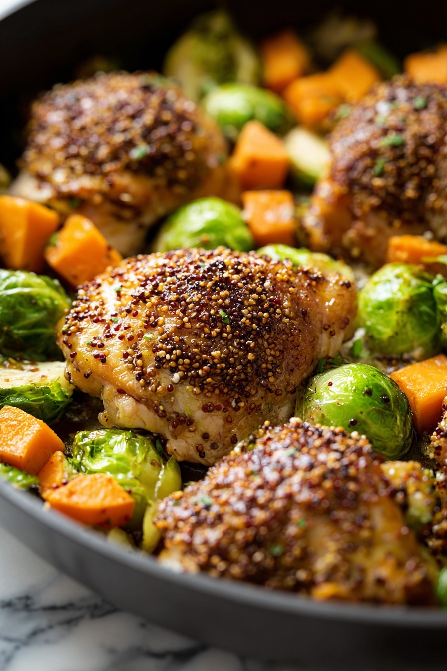 On a white plate with a patterned edge, there are two pieces of cooked chicken with a brown, grainy textured sauce on top. Surrounding the chicken are halved Brussels sprouts showing their green and light yellow inside, with a slightly charred look, and cubed orange sweet potatoes. A fork with a wooden handle rests on the plate, partly touching the chicken and vegetables. The plate is placed on a white marbled surface. photo taken with an iphone --ar 2:3 --v 7