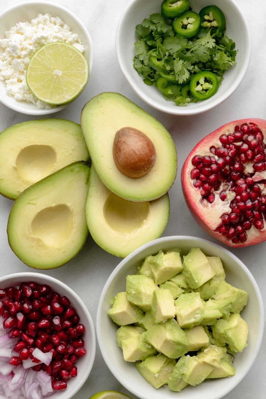 Flat lay of four ripe avocados, pitted and diced, a small white ceramic bowl of fresh lime juice, two whole garlic cloves with clean shells beside peeled garlic cloves, a small white ceramic bowl of coarse salt, half a medium red onion chopped, a small bunch of fresh cilantro leaves chopped, two small green jalapeños sliced with seeds removed, one medium pomegranate cut open showing bright red pomegranate arils in a small white ceramic bowl, a small white ceramic bowl of crumbled feta cheese, all arranged in perfect symmetry on a clean white marble surface, soft natural light, photo taken with an iPhone, professional food photography style, fresh ingredients, white ceramic bowls, no bottles, no duplicates, no utensils, no packaging --ar 2:3 --v 7 --p m7354615311229779997