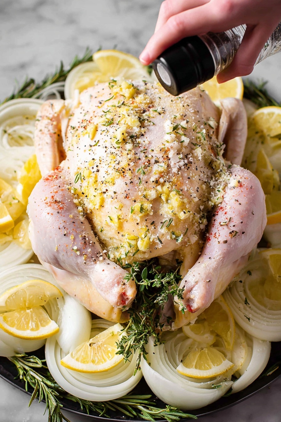 A whole raw chicken is placed in the center on a bed of thick white onion slices and lemon wedges arranged in a circle. The chicken's skin is pale with a slight yellow tint, covered in a light spread of minced garlic and green herbs, and sprinkled evenly with coarse salt and black pepper. Inside the chicken cavity, fresh green rosemary sprigs are visible. A woman's hand is sprinkling black pepper from a grinder onto the chicken. The entire setup rests on a deep tray with a dark surface, set against a white marbled background. photo taken with an iphone --ar 2:3 --v 7