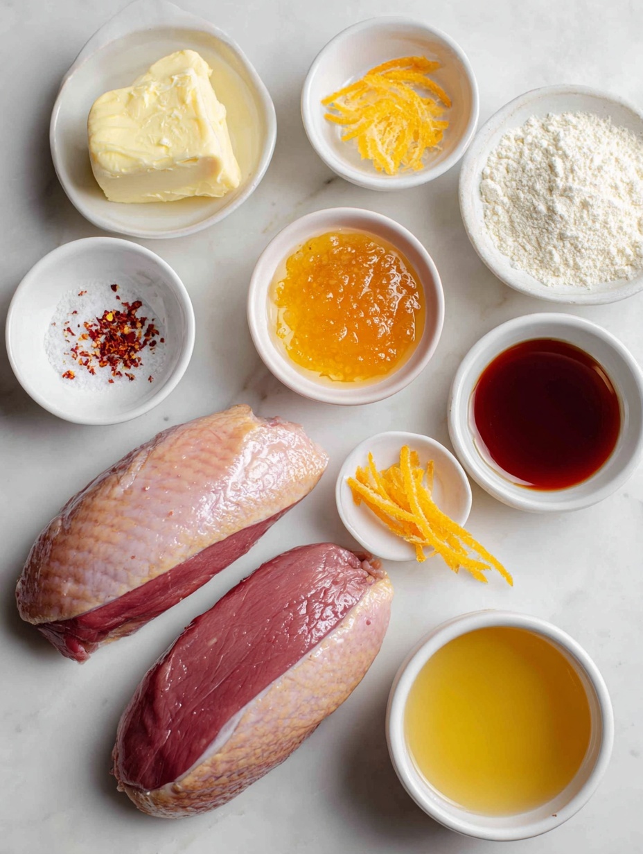 Flat lay of two raw duck breast halves with crisp skin, a small white bowl of golden chicken broth, a small white bowl with bright orange marmalade, a small white bowl holding clear sherry vinegar, a small white bowl containing amber orange liqueur, a small white bowl of soft pale butter, a small white bowl with light brown all-purpose flour, a few fresh orange zest strips, a small pinch of vibrant red cayenne pepper, and a few grains of coarse salt scattered beside the duck breasts, all arranged with perfect symmetry on a clean white marble surface, soft natural light, photo taken with an iPhone, professional food photography style, fresh ingredients, white ceramic bowls, no bottles, no duplicates, no utensils, no packaging --ar 2:3 --v 7 --p m7354615311229779997