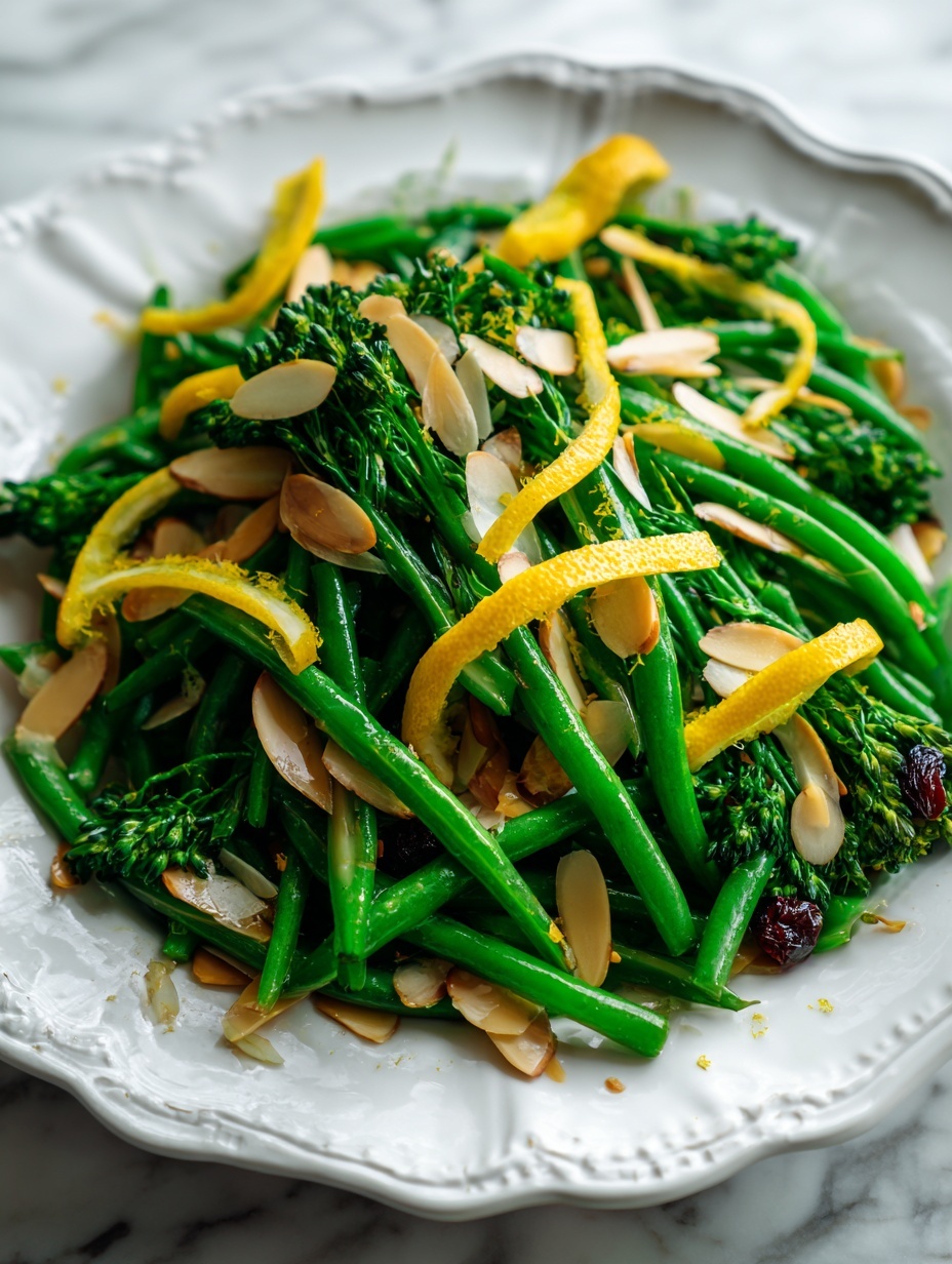 The image shows a white scalloped plate filled with a fresh green vegetable salad made of green beans and broccolini, layered in a scattered yet natural arrangement. The green beans and broccolini are bright green and fresh in texture, occupying the whole plate. On top, there are thin yellow lemon peel strips scattered, adding a splash of color. Small dark dried berries and light toasted sliced almonds are sprinkled over all the veggies, adding texture and contrast. To the right side of the plate, there is a vintage silver spoon and fork resting on the edge. The background is a white marbled surface. Photo taken with an iphone --ar 2:3 --v 7