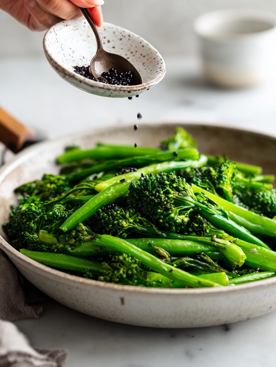 A silver pan filled with bright green beans and broccolini, all fresh and vibrant, lies on a white marbled surface. A woman's hand is pouring small dark reddish-brown lentils from a white speckled bowl into the pan. Inside the pan, a black utensil with the brand name