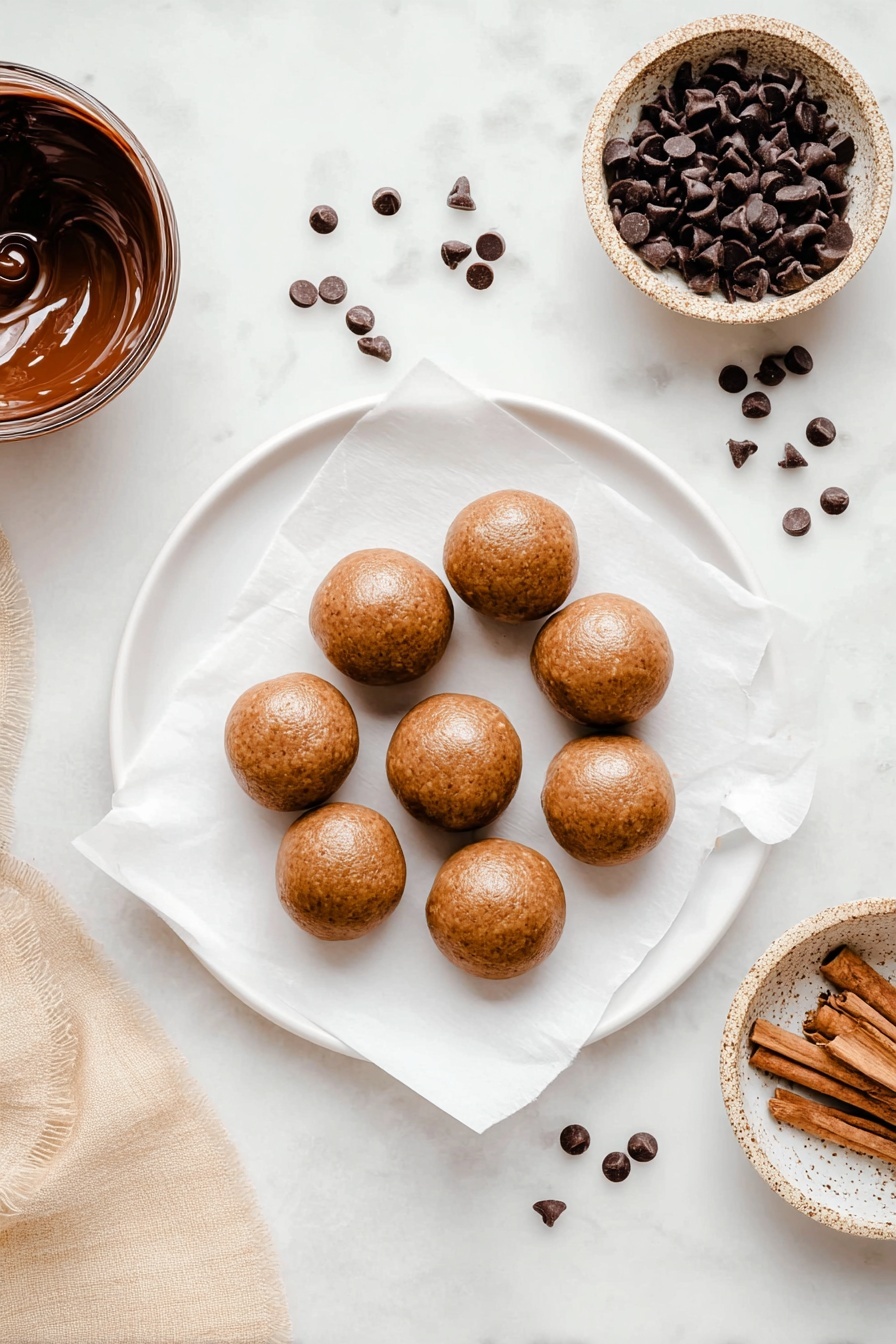 There is a white plate with a paper towel on top on a white marbled surface. On the paper towel, there are twelve small, round brown dough balls arranged loosely. Around the plate, on the surface, there is a small white bowl of dark chocolate chips, a small clear bowl of brown cinnamon powder, and a brown bowl with three cinnamon sticks. In the upper left corner, there is a white bowl filled with melted dark chocolate with a spoon inside. A few chocolate chips are scattered on the white marbled surface. photo taken with an iphone --ar 2:3 --v 7
