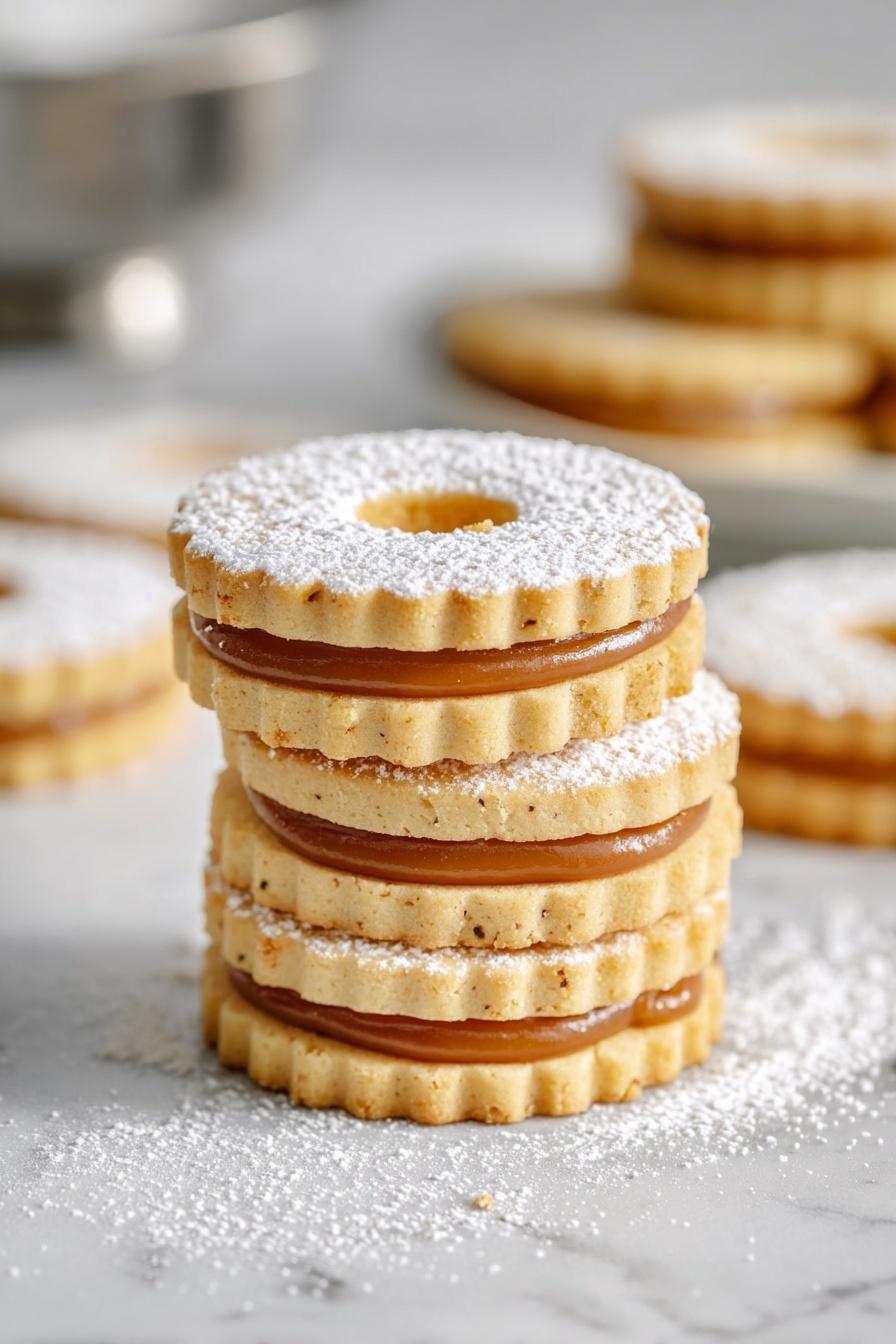The image shows a group of round sandwich cookies placed on a white marbled surface dusted with powdered sugar. Each cookie has two layers: a bottom golden-brown cookie and a top cookie with a scalloped edge covered in powdered sugar. The top cookie has different small shapes cut out in the center—such as triangles, circles, flowers, and diamonds—revealing the smooth amber-colored filling inside. The cookies are arranged flat and close to each other, with powdered sugar also scattered around them. photo taken with an iphone --ar 2:3 --v 7