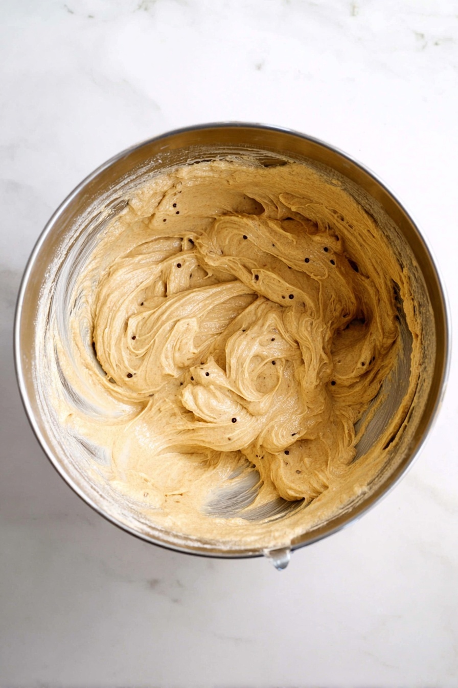 A single metal bowl is shown from above filled with a thick, light brown cream mixture with small dark specs that appear evenly swirled and textured on all sides inside the bowl. The bowl is placed on a white marbled surface, and no other objects are visible around it. The cream looks smooth but firm, with peaks and swirls from mixing visible inside the bowl. photo taken with an iphone --ar 2:3 --v 7