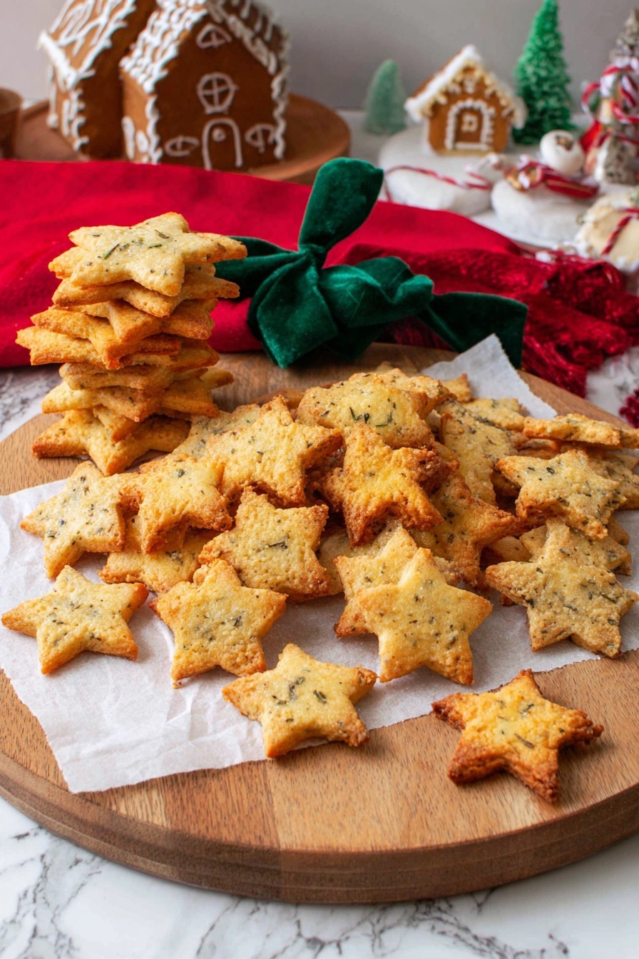 The image shows many star-shaped crackers in light brown color with small dark specks. They are placed on a piece of white parchment paper that is on top of a round wooden board. Some crackers are stacked in a small pile, while others spread around loosely. A red ribbon lies coiled on the left side and a green velvet ribbon lays loosely among the crackers. In the background, there is a gingerbread house with white icing and a small decorated Christmas tree to the right, all set on a white marbled surface. photo taken with an iphone --ar 2:3 --v 7