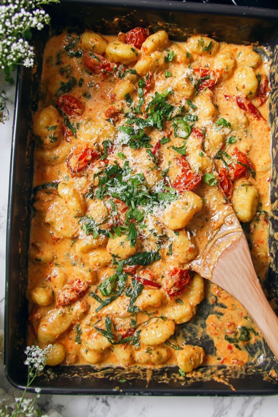 A black rectangular pan holds a creamy, cheesy dish made of small gnocchi pieces mixed with red cherry tomato halves and green herbs. The sauce is thick and golden-yellow with melted white cheese sprinkled on top. The garnish includes thin green basil leaves, adding a fresh touch. A wooden spatula rests on the right side of the pan, partly covered by the creamy gnocchi mixture. The pan is placed on a white marbled surface with small white flowers partly visible on the left side. photo taken with an iphone --ar 2:3 --v 7