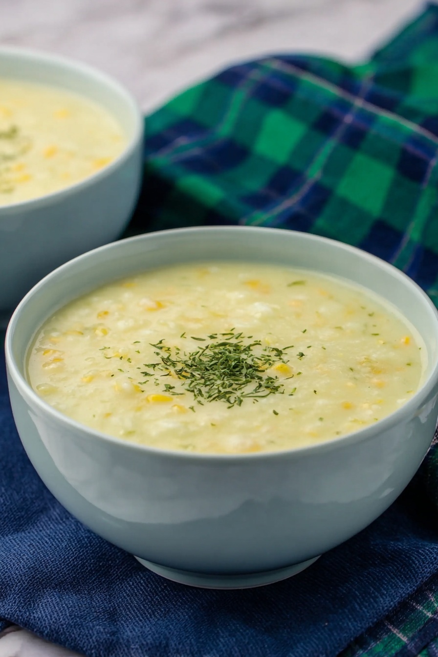 A light blue bowl filled with creamy, pale yellow soup, with small bits of corn and herbs inside and sprinkled finely with green parsley on top. The bowl sits on a dark blue cloth with a green and blue checkered fabric nearby, all placed on a white marbled surface. Another similar bowl blurred in the background contains the same soup photo taken with an iphone --ar 2:3 --v 7