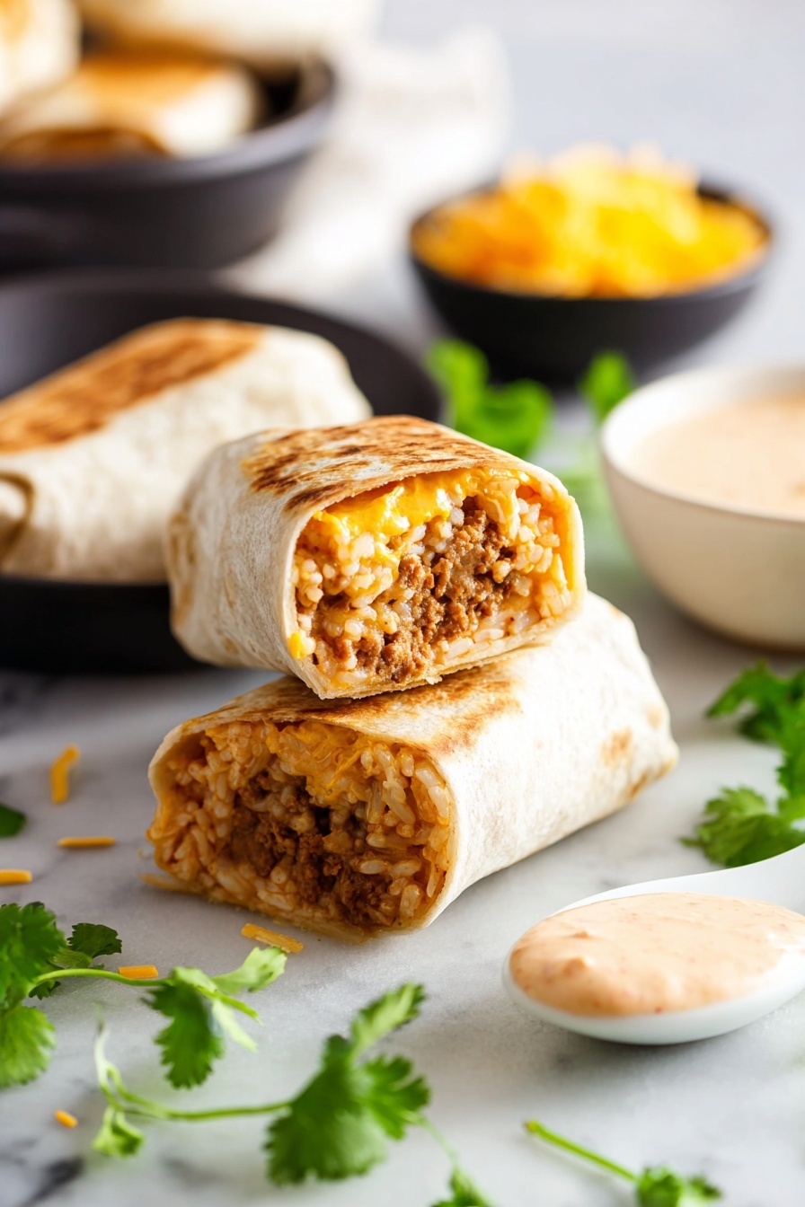 The image shows two stacked burritos cut in half, revealing inside layers of brown rice mixed with orange melted cheese and some beans or meat. The burritos have a light toasted white tortilla wrapping with light brown spots. Around them are fresh green cilantro leaves scattered on a white marbled surface. In front, there is a white spoon with some creamy orange sauce on it, and to the left, there is a white bowl filled with a thick, light brown dipping sauce. A blurred jar and another bowl with shredded orange cheese are in the background. photo taken with an iphone --ar 2:3 --v 7