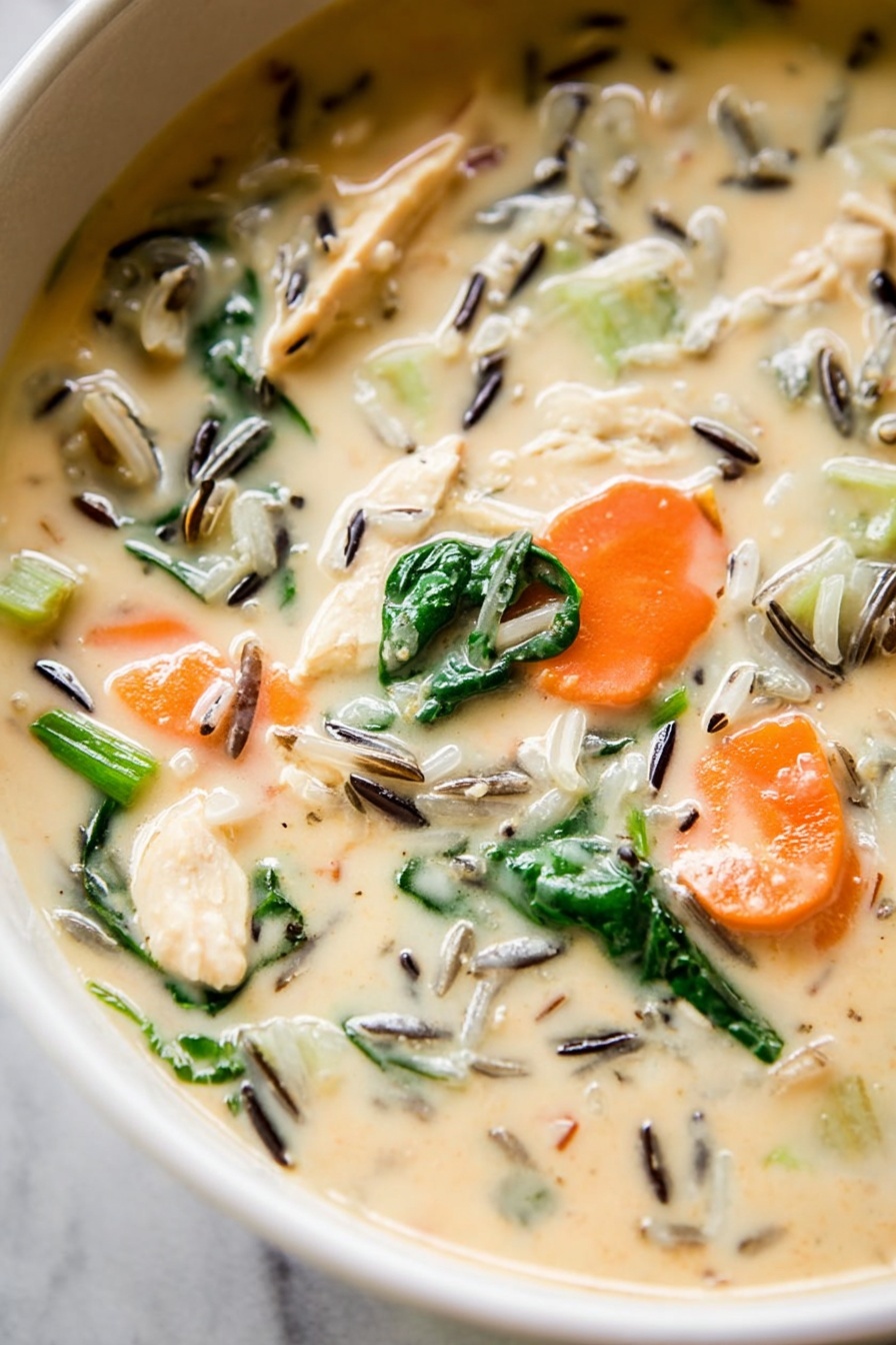 In a white speckled bowl, there is a creamy soup with several layers: a thick light beige creamy base mixed with black wild rice pieces scattered throughout. On top of this base, there are bright orange carrot slices, light green celery chunks, dark green spinach leaves, and light beige pieces of chicken layered evenly. A small sprig of fresh green thyme lies gently on the surface. A spoon rests on the right side inside the bowl, partially submerged in the soup. The bowl is placed on a white marbled texture. photo taken with an iphone --ar 2:3 --v 7