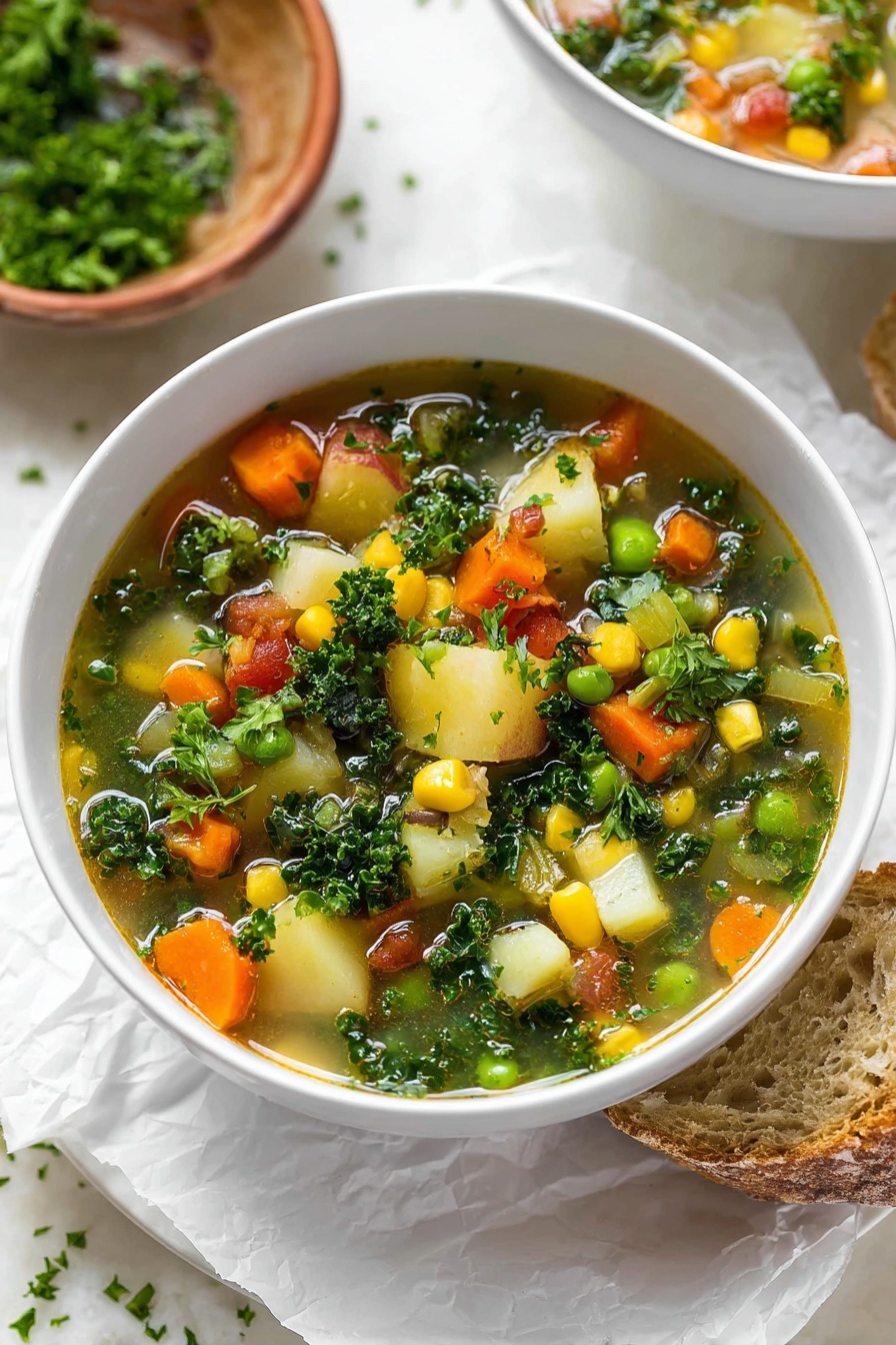 A white bowl filled with colorful vegetable soup sits on a white plate with a piece of broken bread on the side. The soup has many layers of diced vegetables: orange carrot cubes, green peas, yellow corn, white potato pieces, red tomato bits, and dark green kale leaves, all floating in a clear broth. The soup looks fresh and hearty with visible fresh herbs sprinkled on top. A white marbled surface is below, and part of another white bowl of soup is visible in the background. photo taken with an iphone --ar 2:3 --v 7