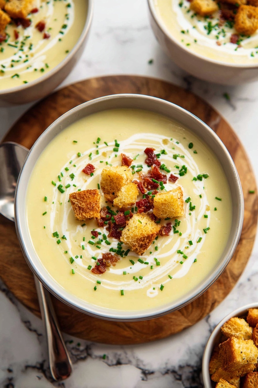 The image shows a bowl of creamy pale yellow soup topped with a swirl of white cream, small green chopped herbs, tiny bits of dark red bacon, and golden brown croutons scattered on top. The soup is served in a white bowl resting on a wooden cutting board, placed on a white marbled surface. A spoon and fork lie in the background, slightly out of focus, adding to the cozy setting. Photo taken with an iphone --ar 2:3 --v 7