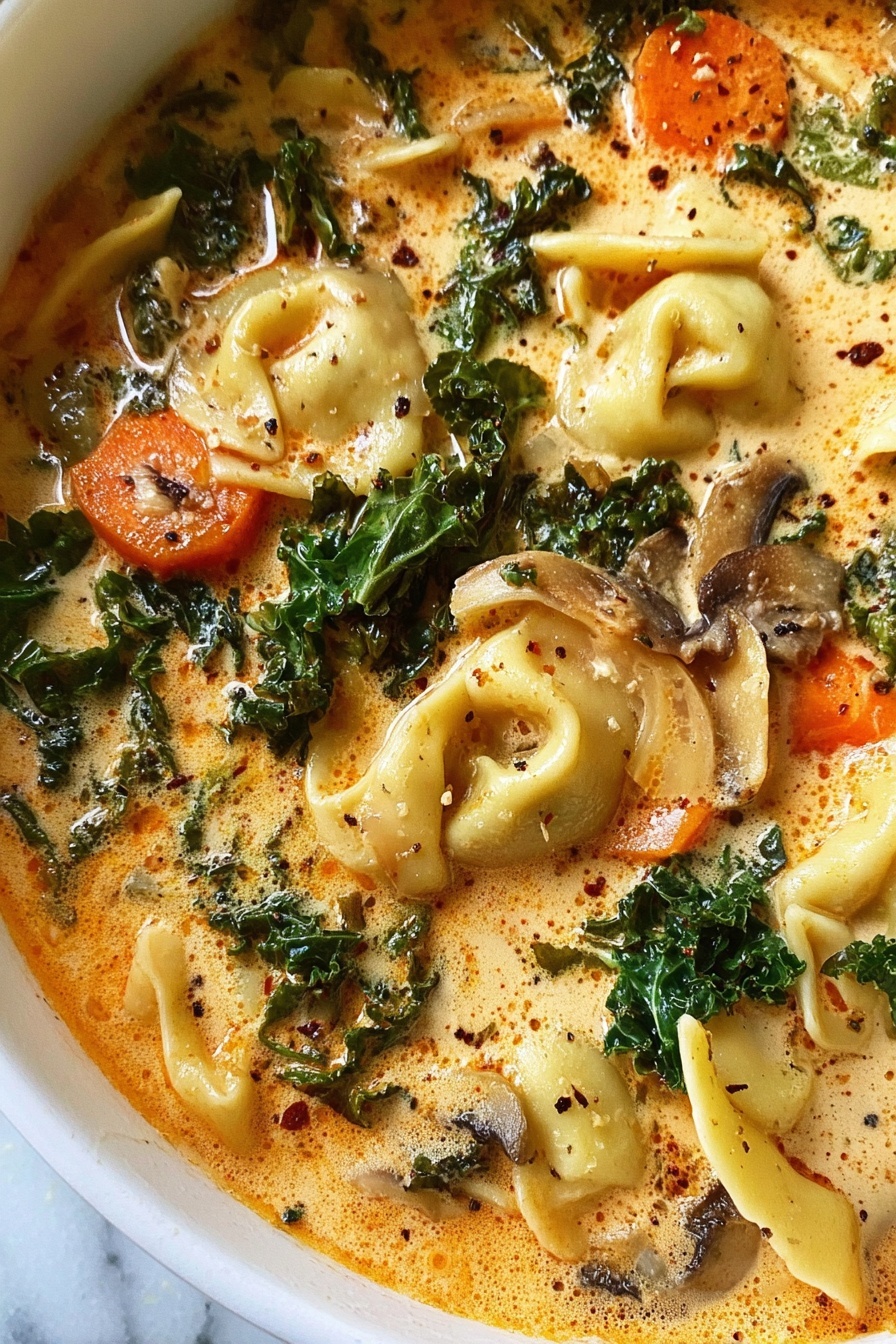 This image shows a close-up of a creamy orange soup filled with several layers. The bottom layer is a smooth, rich orange broth. Floating on top are light yellow pasta pieces with ruffled edges, scattered evenly. Bright orange carrot slices and small bits of caramelized onion are mixed in with the pasta. Fresh green kale leaves add a pop of color, spread across the surface. There are also dark brown mushroom pieces, and a light sprinkle of black pepper dots the entire soup. The soup is in a large white bowl sitting on a white marbled surface. photo taken with an iphone --ar 2:3 --v 7