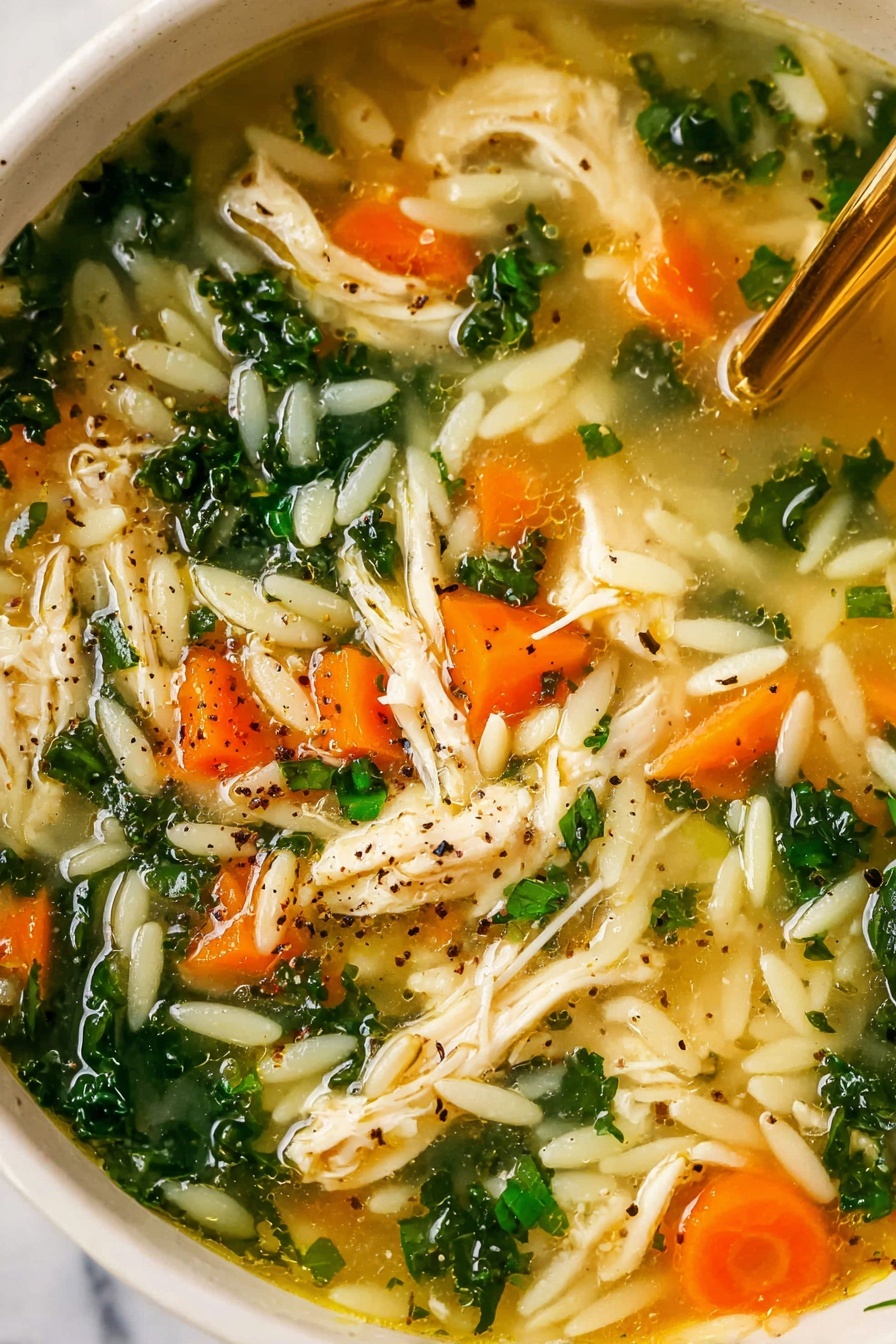 A white bowl filled with clear chicken soup showing four main layers: the bottom layer is a light yellow broth, above it are small white orzo pasta pieces, chunks of cooked white chicken meat, bright orange carrot slices, and dark green kale leaves scattered on top. The soup is garnished with small bits of green herbs and black pepper sprinkled across the surface. A golden spoon stands inside the bowl on the right side. There is a small white bowl with green herbs in the background on a white marbled surface, and a blue and white striped cloth napkin is partially visible under the bowl. photo taken with an iphone --ar 2:3 --v 7