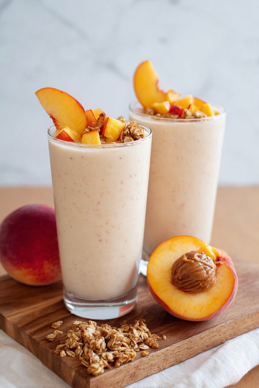 Two tall clear glasses filled with a creamy light peach smoothie with tiny red specks, each topped with small yellow peach cubes and brown granola. One glass has a thin peach slice hanging on the rim. The glasses sit on a wooden board with a whole red and yellow peach and a peach half showing its light brown pit, which has some spread on it. Small clusters of granola are scattered on the wooden surface. The background is a white marbled texture. Photo taken with an iphone --ar 2:3 --v 7