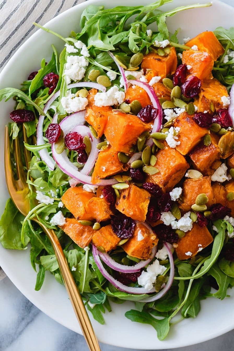 A white bowl filled with a colorful salad showing three main layers: the base layer has bright green arugula leaves with a fresh, slightly curved texture; on top, there are cubed orange roasted sweet potatoes, scattered thin slices of light purple onion, and dark red dried cranberries; the top layer includes small white crumbles of cheese and light green pumpkin seeds sprinkled all over. A shiny gold fork rests inside the bowl on the right side, slightly under some of the salad. The bowl is set on a white marbled surface with some green arugula leaves around it and a light pink cloth partially visible at the bottom left corner, photo taken with an iphone --ar 2:3 --v 7
