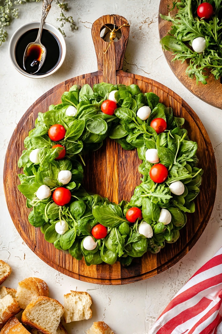 A round wooden board with a loop handle tied with a red fabric sits on a white marbled surface. On the board is a wreath-shaped salad made of leafy greens, bright green basil leaves, and small red grape tomatoes. Small white mozzarella balls are scattered evenly on top of the greens and tomatoes, with a drizzle of dark balsamic glaze. Around the board are small clusters of similar ingredients, including a glass jar with more glaze and a spoon, a small bowl of mozzarella balls, toasted bread slices, and a beige striped cloth napkin. The photo taken with an iphone --ar 2:3 --v 7