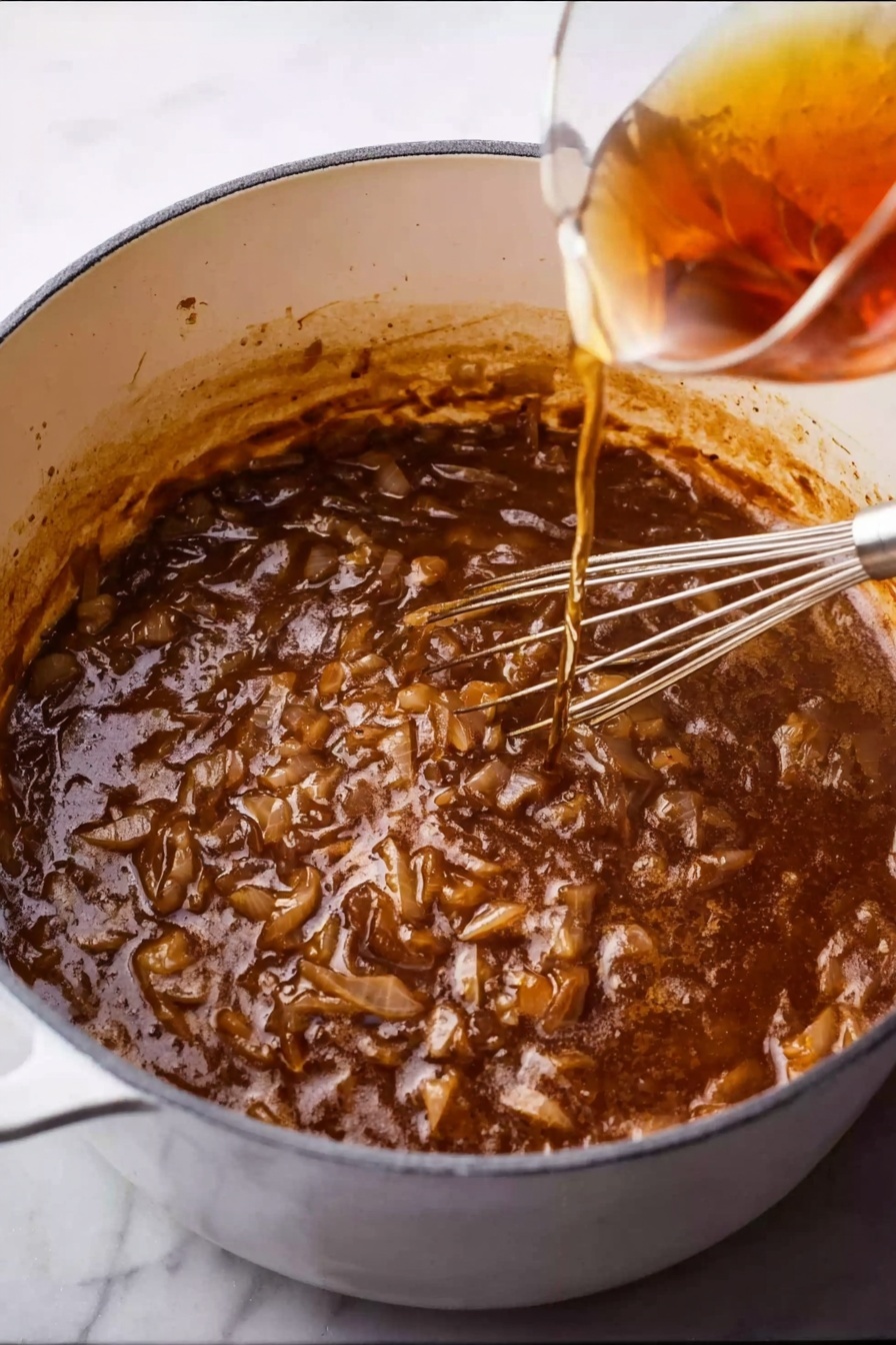 A white pot filled with a thick brown onion sauce that has visible sliced onions soft in the mix. A metal whisk is partly in the pot stirring the sauce, while a clear glass container is pouring some light brown liquid into the pot. The inside pot walls have sauce marks showing it has been stirred well. The pot is placed on a stove with metal grates, and the background includes some out-of-focus pots on burners. photo taken with an iphone --ar 2:3 --v 7