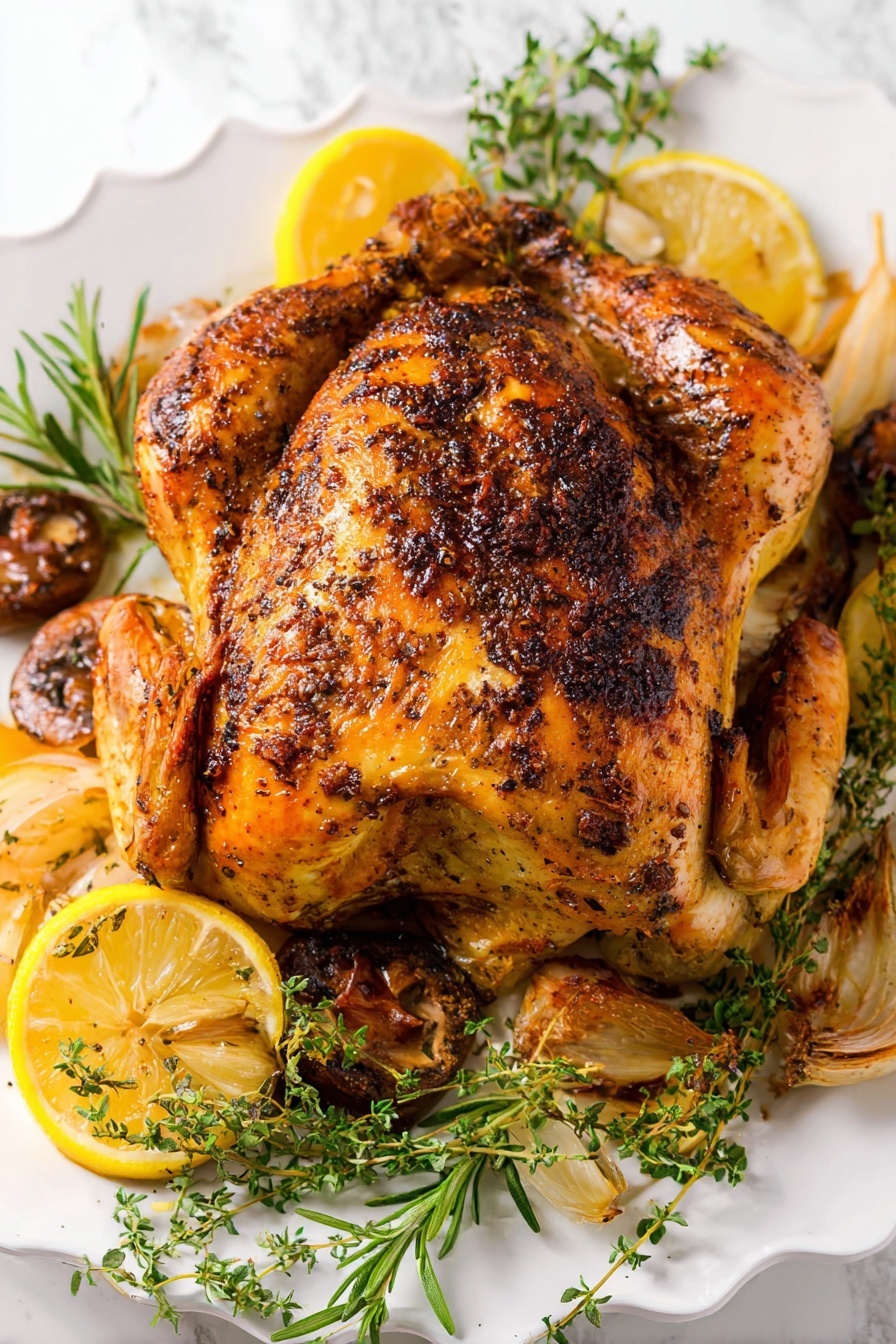 A whole roasted chicken with golden brown, crispy skin, evenly speckled with blackened herbs and spices, sits in the center of a white plate. The chicken layers include the browned wings and legs tucked close to the body. Around the chicken are slices of bright yellow lemon and sprigs of fresh green herbs like rosemary and thyme. There are also roasted garlic bulbs and caramelized mushrooms nestled near the bottom edges of the plate. The plate rests on a white marbled texture surface. Photo taken with an iphone --ar 2:3 --v 7