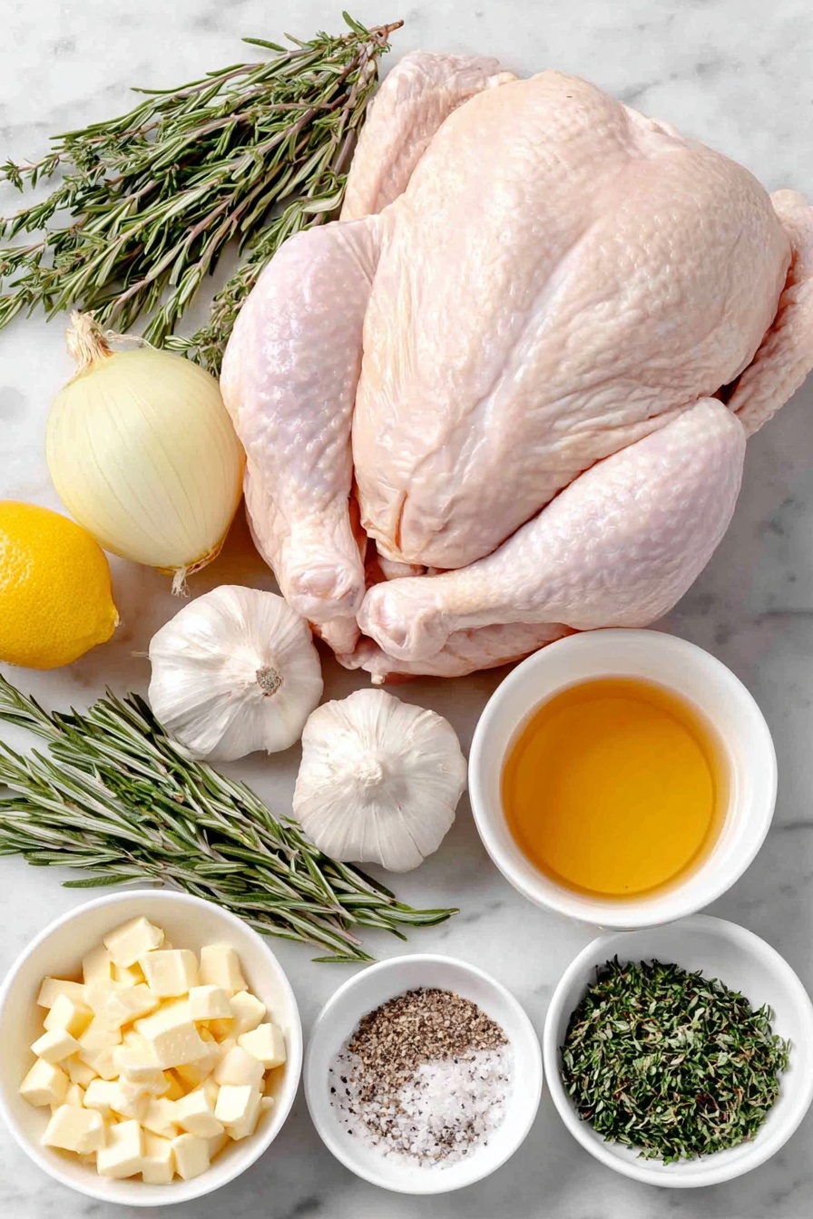 Flat lay of a whole fresh raw chicken with smooth pale skin, two medium yellow onions quartered, two large fresh lemons quartered with bright yellow peel, two heads of garlic halved crosswise showing creamy white cloves, a few fresh rosemary sprigs with dark green needle-like leaves, a few fresh thyme sprigs with small green leaves, a small white ceramic bowl of melted golden butter, a small white ceramic bowl of minced garlic, a small white ceramic bowl with fresh lemon zest in fine strips, a small white ceramic bowl of kosher salt crystals, a small white ceramic bowl of ground black pepper, all arranged in perfect symmetry on a clean white marble surface, soft natural light, photo taken with an iPhone, professional food photography style, fresh ingredients, white ceramic bowls, no bottles, no duplicates, no utensils, no packaging --ar 2:3 --v 7 --p m7354615311229779997