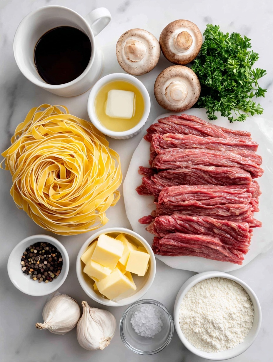 Flat lay of wide egg noodles uncooked in a small pile, a few tablespoons of pale yellow butter cubes, thinly sliced raw flank steak fanned out, a small white onion thinly sliced into rings, a mix of fresh button and baby bella mushrooms whole and halved, four peeled garlic cloves whole, a small white ceramic bowl with dry white wine, a small white bowl with rich brown beef stock, a small white bowl with dark Worcestershire sauce, a small white bowl with light beige all-purpose flour, a small white bowl with creamy white Greek yogurt, a few sprigs of bright green chopped fresh parsley, a few whole brown eggs with clean shells, arranged symmetrically and balanced on a clean white marble surface, soft natural light, photo taken with an iPhone, professional food photography style, fresh ingredients, white ceramic bowls, no bottles, no duplicates, no utensils, no packaging --ar 2:3 --v 7 --p m7354615311229779997