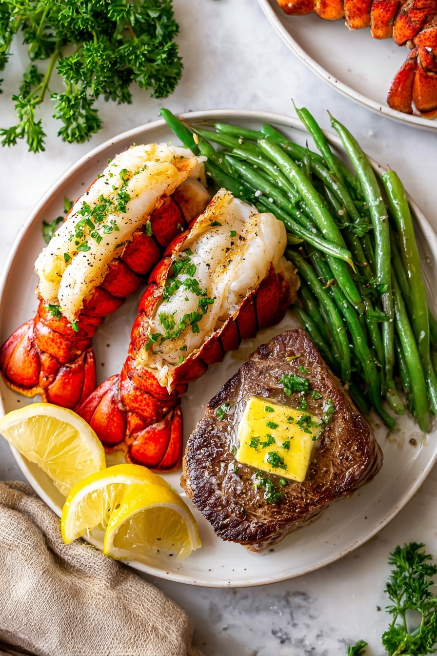 A white plate holds a meal with three main parts: on the left, a bright red lobster tail split open to show white meat inside topped with green parsley; in the middle, a pile of fresh green beans sprinkled with black pepper and on the right, a brown grilled steak with a melting pat of butter and green herbs on top. Several lemon wedges with yellow and white parts are placed on the plate around the steak and lobster. The plate sits on a white marbled surface, next to some scattered lemon pieces and sprigs of green parsley. Photo taken with an iphone --ar 2:3 --v 7