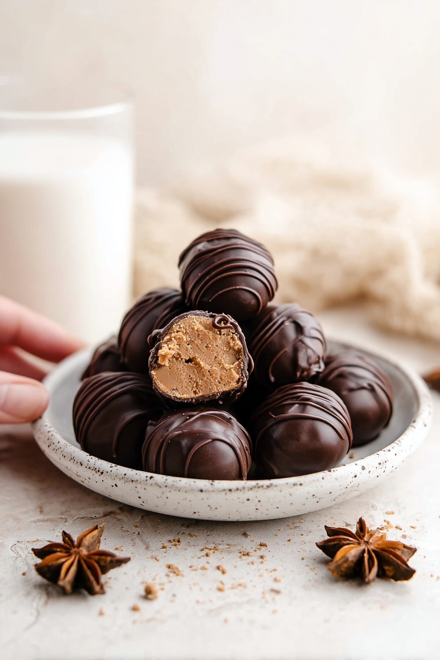 A small white round plate holds a pile of dark chocolate balls with smooth, shiny surfaces and wavy drizzles of chocolate on top. One ball is front and center, cut in half to show a dense, light brown, slightly grainy filling inside. The plate sits on a white marbled surface, scattered with star anise pods. A glass of milk is softly blurred in the background with a plain, light beige backdrop. photo taken with an iphone --ar 2:3 --v 7