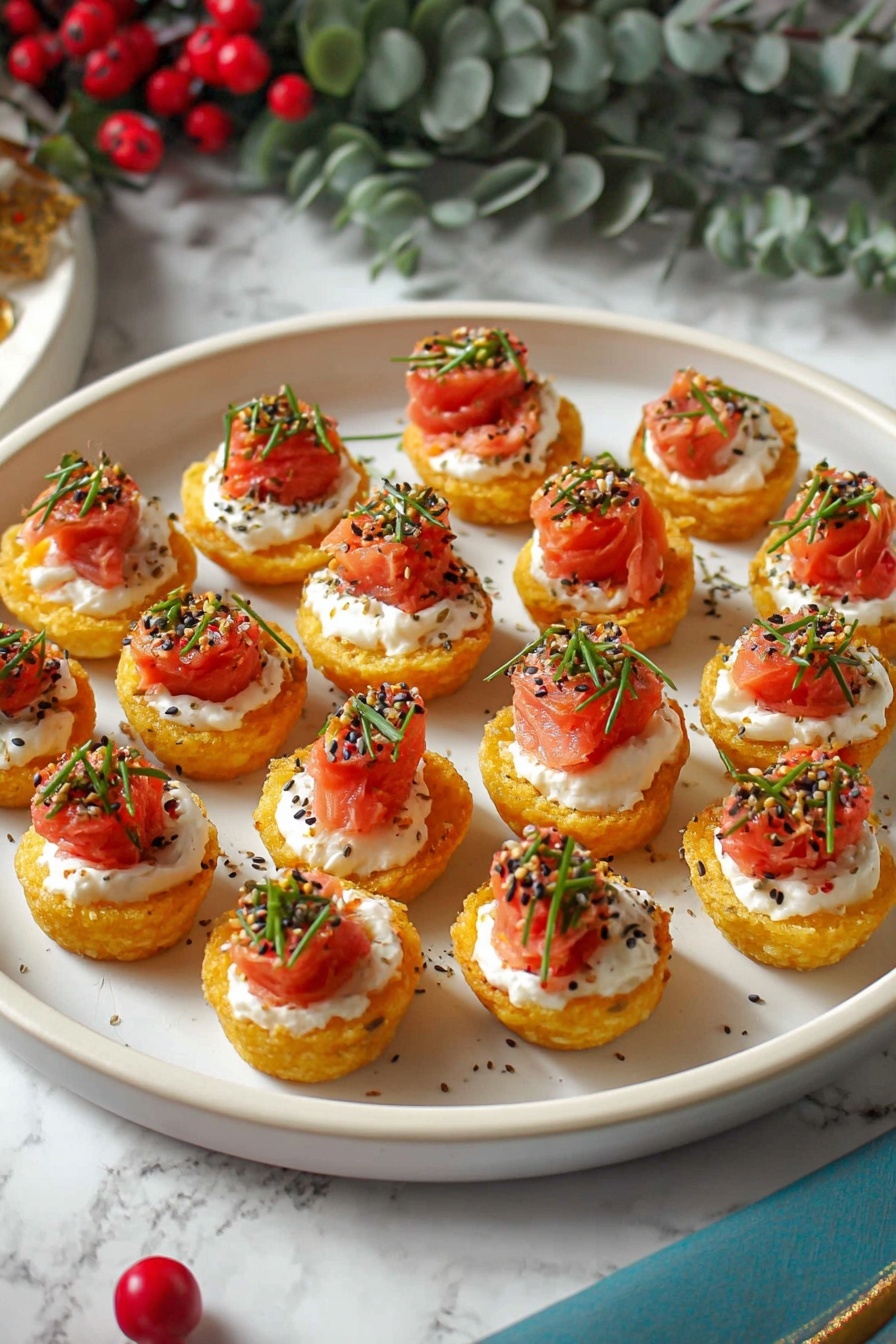 A round light pink plate holds 18 small, golden-brown crispy cups arranged closely in rows. Each cup is filled with a white creamy layer, topped with a small swirl of bright red smoked salmon or similar fish, garnished with finely chopped green herbs and sprinkled with black and white sesame seeds. The plate is placed on a white marbled surface next to some greenery with red berries and a small wooden board partially visible on the left. Photo taken with an iphone --ar 2:3 --v 7