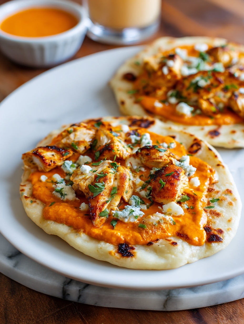Two small flatbreads sit on a white plate with green patterns, each topped with a smooth layer of bright orange sauce, scattered pieces of cooked light brown chicken, some white crumbled cheese, thinly shredded white cabbage, and small green herb leaves. Next to them, a third flatbread is wrapped in white cloth, showing the same toppings inside. Below the plate, a small white bowl with more orange sauce and a gold spoon dipped in sauce rest on a white marbled surface. Photo taken with an iphone --ar 2:3 --v 7