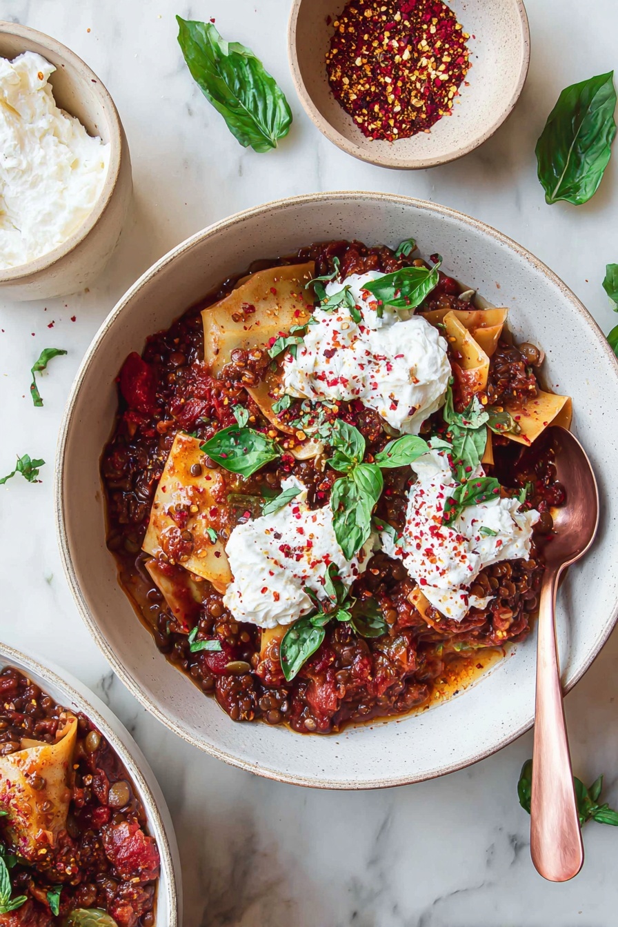 A white bowl filled with layers of brown lentils cooked in a rich red sauce, with flat pasta pieces scattered on top. There are white dollops of creamy ricotta cheese placed over the lentils and pasta, sprinkled with red chili flakes. Bright green basil leaves are garnished on the dish, adding fresh color contrast. A bronze spoon rests inside the bowl. The bowl is set on a white marbled surface, with fresh green basil leaves and a small white bowl of red chili flakes nearby, and another white bowl with the same lentil pasta dish partially visible at the bottom left. A small white bowl filled with ricotta cheese is placed to the bottom right. photo taken with an iphone --ar 2:3 --v 7