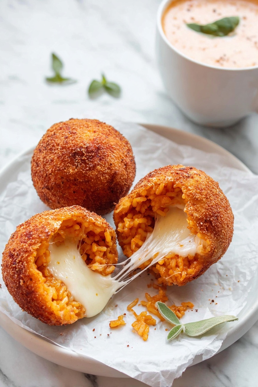 Three round, crispy, golden-brown fried rice balls are on a white plate lined with white paper, two whole balls and one split open showing orange-red sauced rice inside with thick, gooey white melted cheese stretching from one half to the other. The tops of the fried balls have some white grated cheese sprinkled on them. In the upper right corner, there is a white bowl with a creamy light pink sauce garnished with a green basil leaf. The surface underneath the plate and bowl is a white marbled texture. photo taken with an iphone --ar 2:3 --v 7