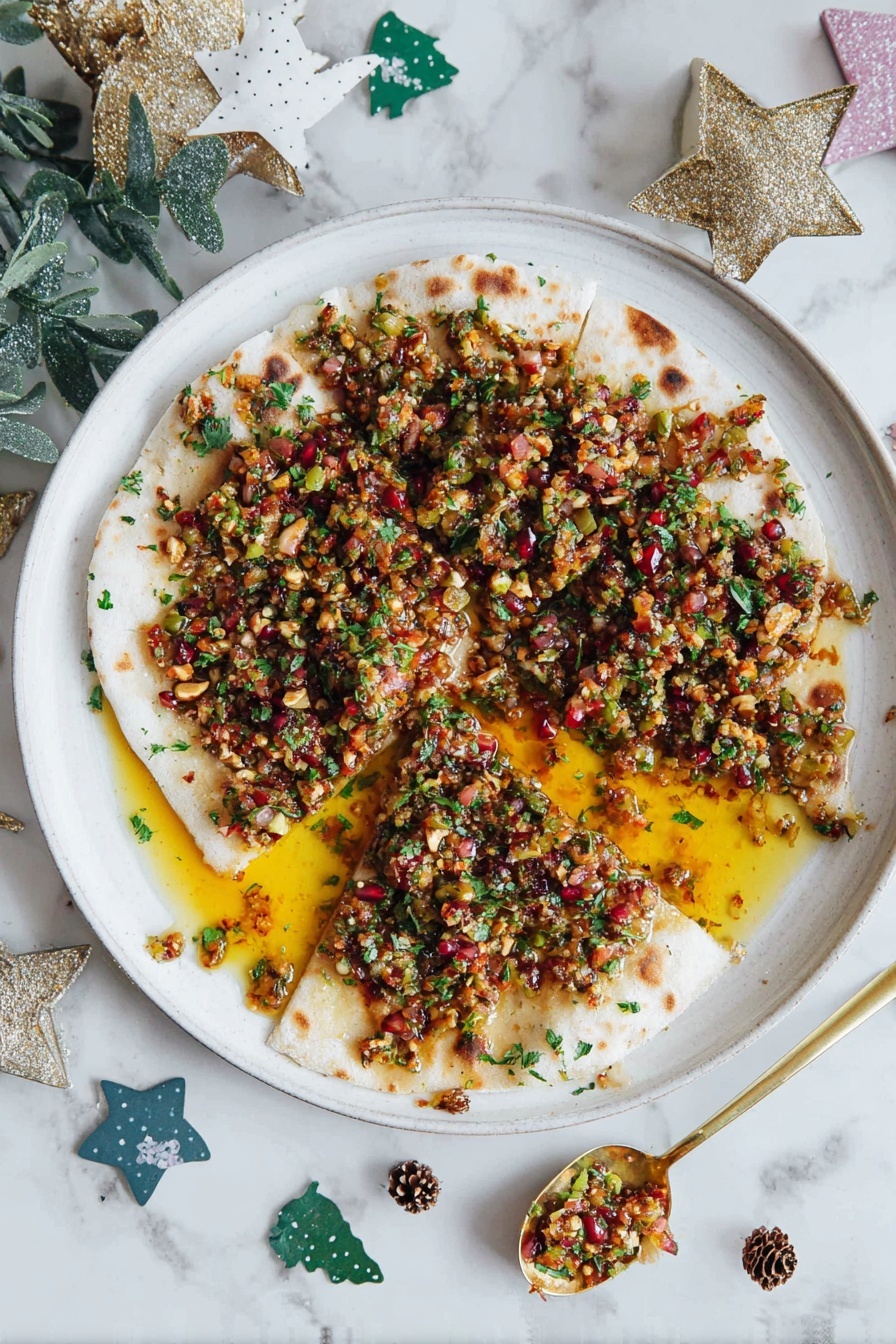 The image shows a round white plate on a white marbled surface, with festive decorations around it including star-shaped cookies and green leaves with pinecones. The plate holds a spread of flatbread torn in pieces, topped with a colorful mixture of finely chopped nuts, herbs, and dried fruits like red cranberries. This mix is covered in a layer of golden oil that pools in the center, giving it a shiny and rich look. A gold spoon with some topping on it rests to the right side of the plate. photo taken with an iphone --ar 2:3 --v 7