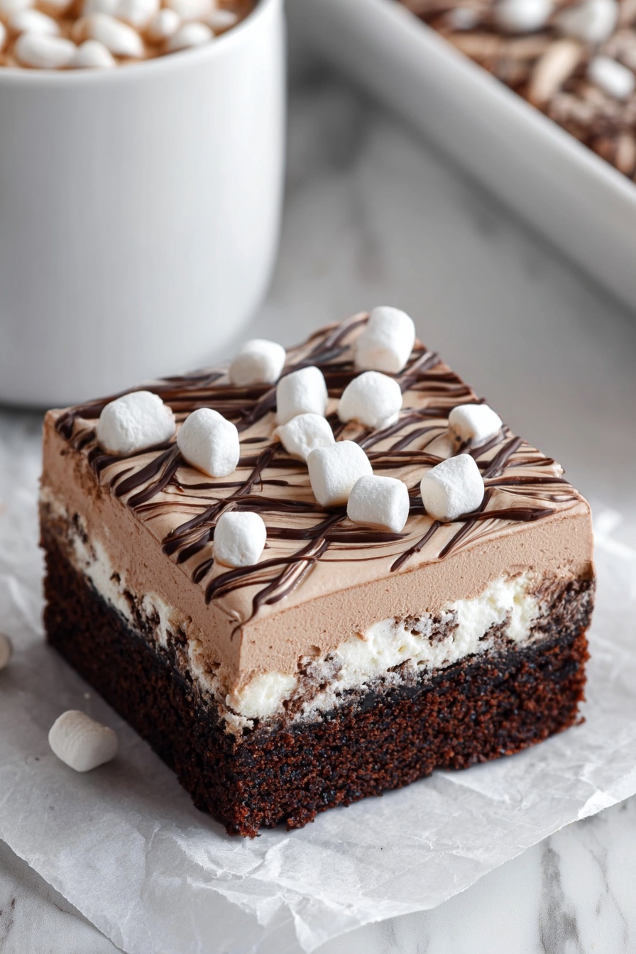 The image shows a single square piece of chocolate cake with three visible layers: the bottom layer is a dark, moist chocolate cake; the middle layer is a fluffy white marshmallow cream filling seen through the cake edges; and the top layer is a smooth, shiny chocolate frosting with a drizzle pattern and small white mini marshmallows evenly placed on top. The cake sits on brown parchment paper over a wooden board with some mini marshmallows scattered around. In the blurry background, more cake squares and a white plate are seen on a white marbled surface. Photo taken with an iphone --ar 2:3 --v 7