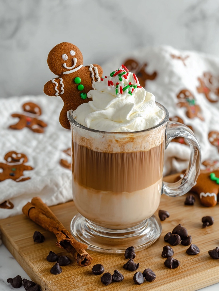 A clear glass mug holds a drink with three visible layers: the bottom creamy light brown layer, a middle darker brown layer, and a thin top layer dusted with cinnamon powder. On top of the glass mug is a swirl of white whipped cream, garnished with a cinnamon stick and a gingerbread cookie decorated with white icing and red and green sprinkles, resting on the cream. Around the mug, on a wooden board, there are several gingerbread cookies with white icing and red and green sprinkles, a few chocolate chips scattered, and some cinnamon sticks. The scene sits on a white marbled surface with a white cloth featuring gingerbread men in the background. photo taken with an iphone --ar 2:3 --v 7